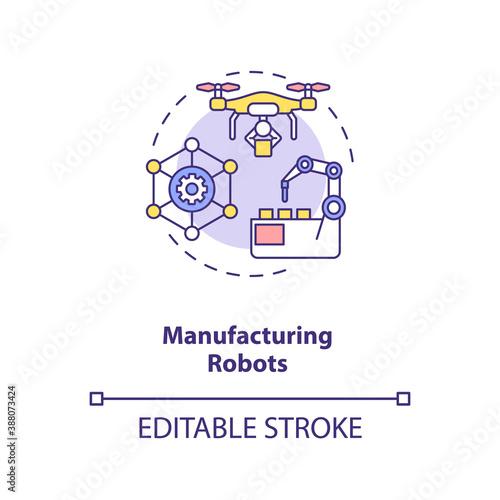 Manufacturing robots concept icon. Future digital life. Smart computers creation. AI application idea thin line illustration. Vector isolated outline RGB color drawing. Editable stroke