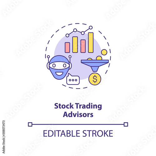 Stock trading advisors concept icon. Money earning futuristic system. Smart computer. AI application idea thin line illustration. Vector isolated outline RGB color drawing. Editable stroke