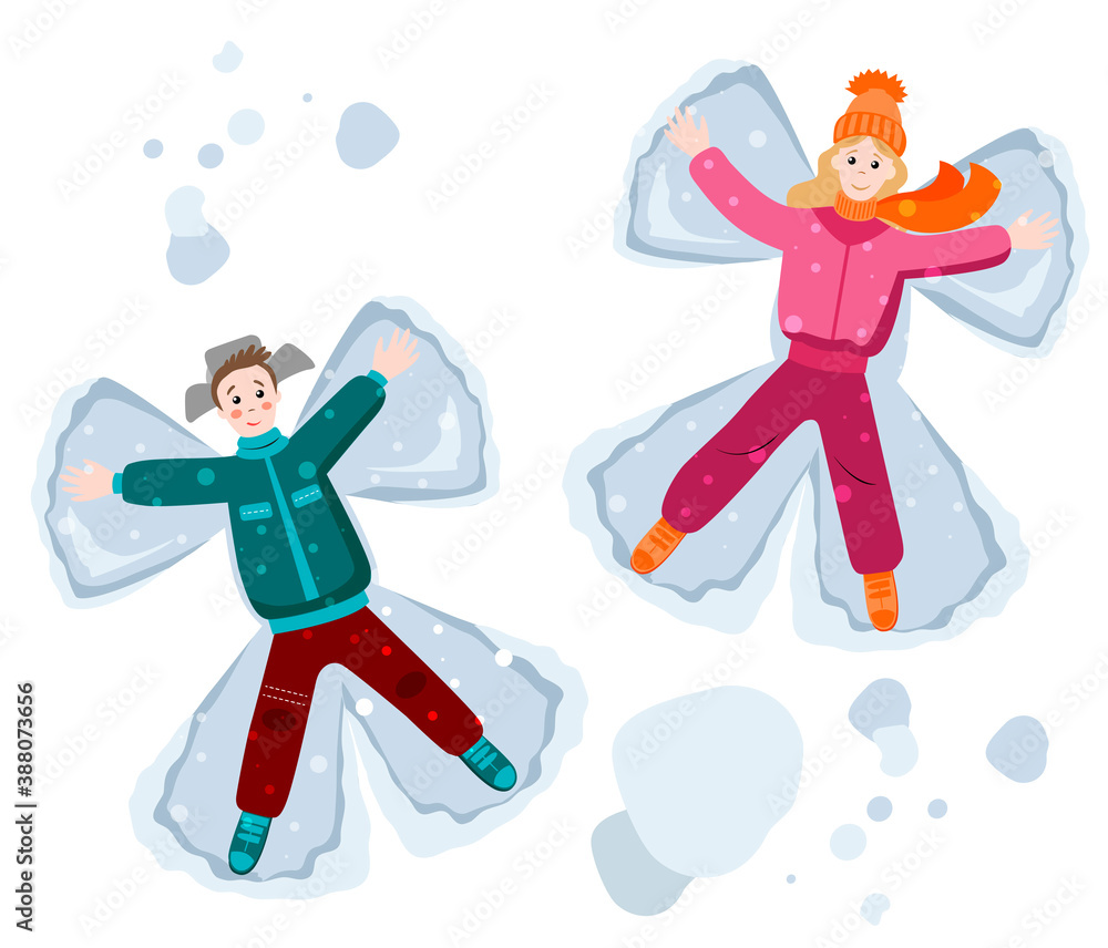 A boy and a girl lie on the snow and make snow angels. Winter vector drawing in cartoon style. A boy and a girl lie on the snow and make snow angels. Winter vector drawing in cartoon style.