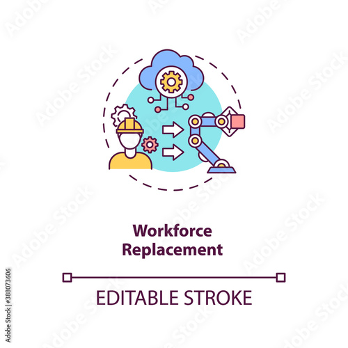 Workforce replacement concept icon. No working places for people. Money saving technologies. AI threats idea thin line illustration. Vector isolated outline RGB color drawing. Editable stroke
