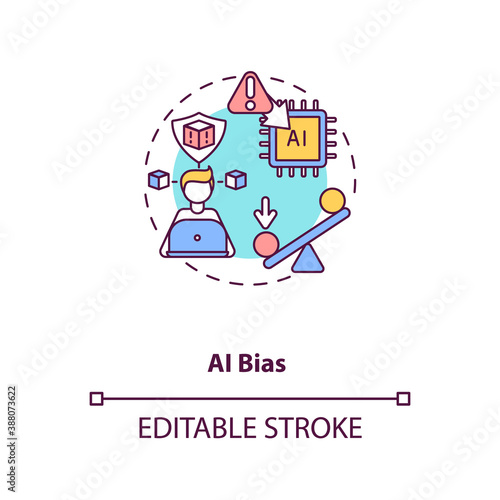 AI bias concept icon. Human mistake while programming smart computer. Future device problems. AI threats idea thin line illustration. Vector isolated outline RGB color drawing. Editable stroke