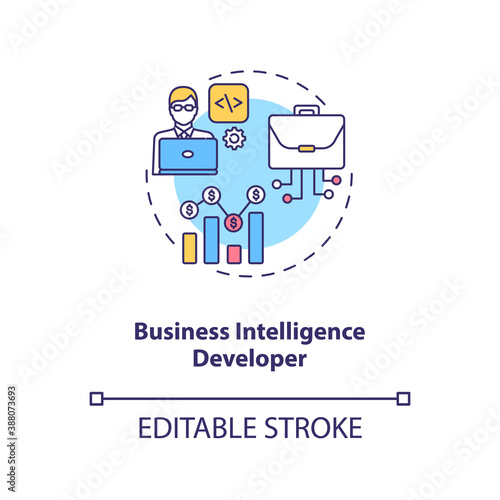 Business Intelligence Developer concept icon. Creating technology. Futuristic mind manufacturing. Careers in AI idea thin line illustration. Vector isolated outline RGB color drawing. Editable stroke