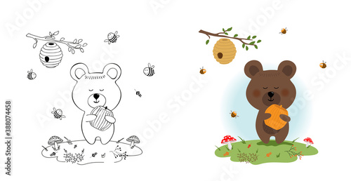 Vector illustration of cartoon style with cute bear with a barrel of honey.Children's coloring book.
