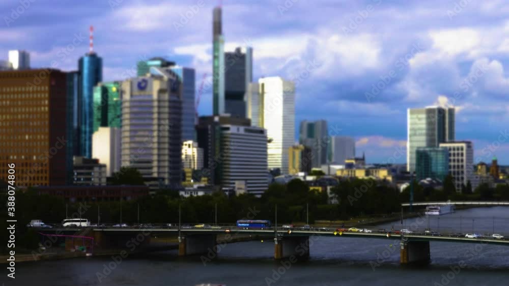 Tilt shift recording from Frankfurt and the river main with bridge, cars and boat. Tilt shift recording from Frankfurt and the river main with bridge, cars and boat.