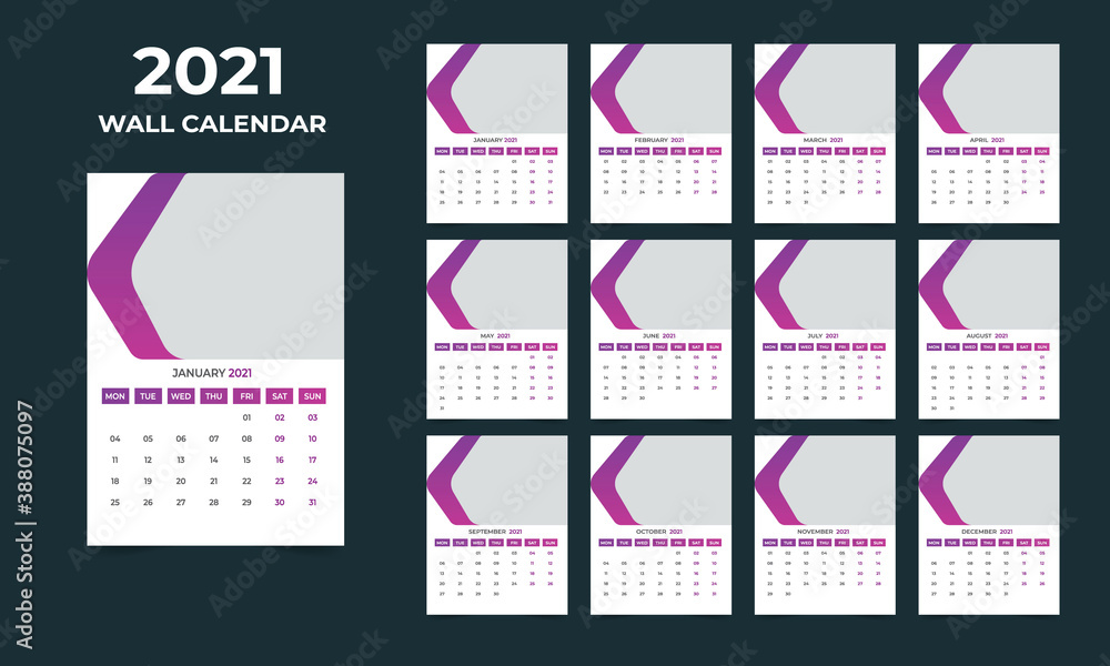  2021 Wall calendar design  Set of 12 Months, Week starts Monday
