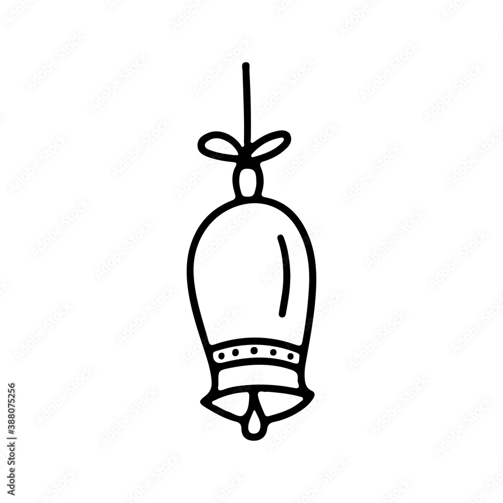 Hand drawn  doodle bell  with bow  isolated on white background.   Vector outline illustration. Design for print, banner, greeting card coloring page, tattoo