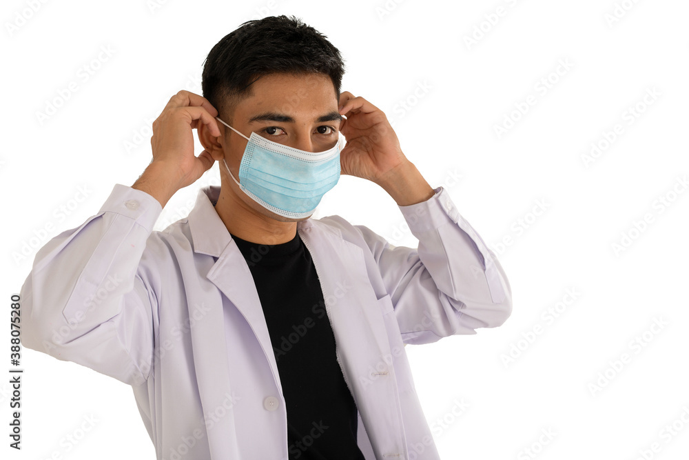 Asian guy  wearing surgical mask on white background