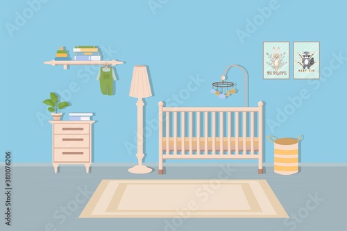 Baby toddler room, bedroom interior with furniture, comfortable cute design. Indoor composition. Home with cradle, shelf, lamp.