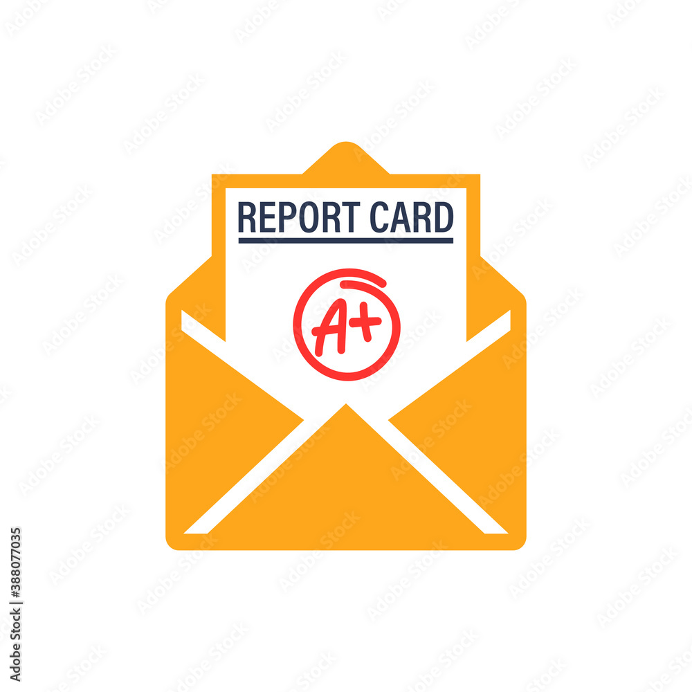 A plus report card and envelope icon. Clipart image isolated on white