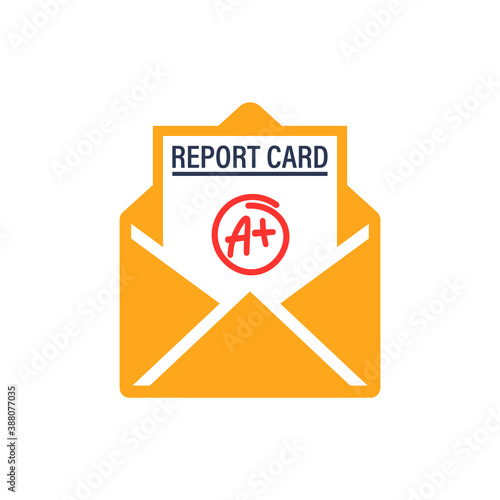 A plus report card and envelope icon. Clipart image isolated on white background.
