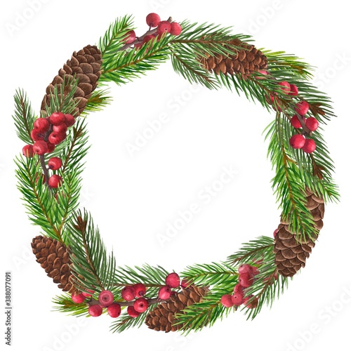 Watercolor christmas wreath. Wreath with holly berries, cones, fir branches on a white backgraund.