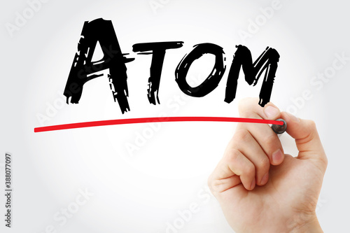 Atom text with marker, concept background