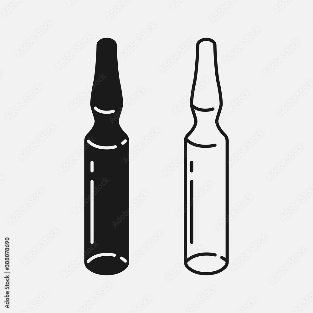 Set of medical glass ampoule black and white vector icon. Set of medical glass ampoule black and white vector icon.