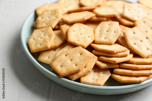 Plate with delicious crackers on light table, closeup
