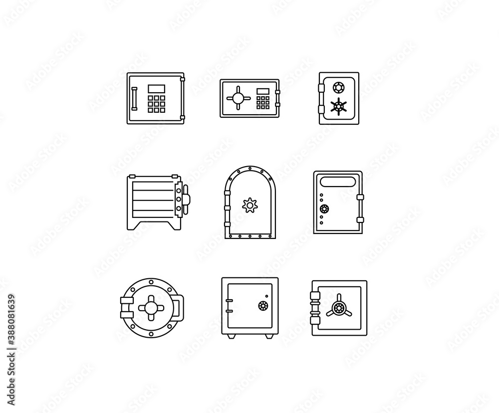 Safe, vault icon set. Big, safes, vaults, safes, secure, security, large, old, high-tech minimal vector illustrations. Minimal outline stroke icon set for websites. Safe, vault icon set. Big, safes, vaults, safes, secure, security, large, old, high-tech minimal vector illustrations. Minimal outline stroke icon set for websites.