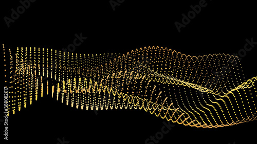 An abstract stream of golden radiance flying in outer space through galaxies and orbits. Star clusters networks.