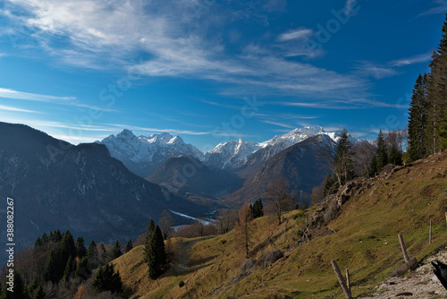 View from slopes of Dovska baba towards Vrata valley and Triglav, the highest peak of Slovenia.