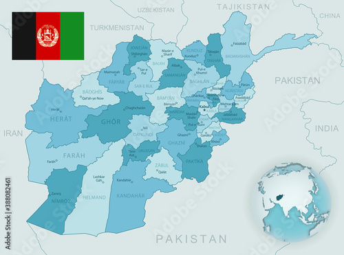 Photo Blue-green detailed map of Afghanistan administrative divisions with country flag and location on the globe