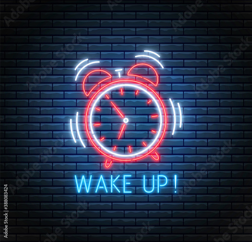 Neon alarm clock. Ringing clock. Wake up background. Led timer on brick wall. Vector illustration. Glowing watch. Fluorescent design. Time concept.