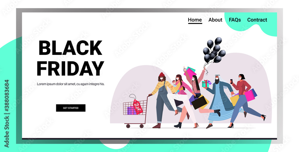 mix race people in protective masks running with shopping bags black friday big sale promotion discount coronavirus quarantine concept full length horizontal banner copy space vector illustration