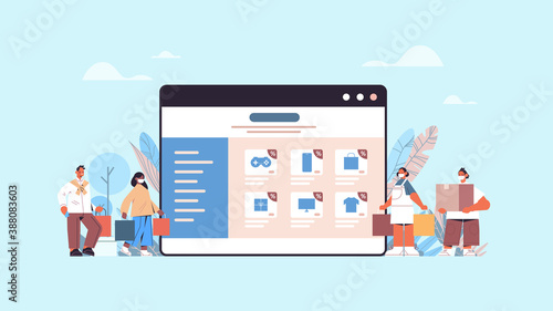 mix race people in masks with shopping bags choosing goods in web browser window black friday sale coronavirus quarantine concept full length horizontal vector illustration