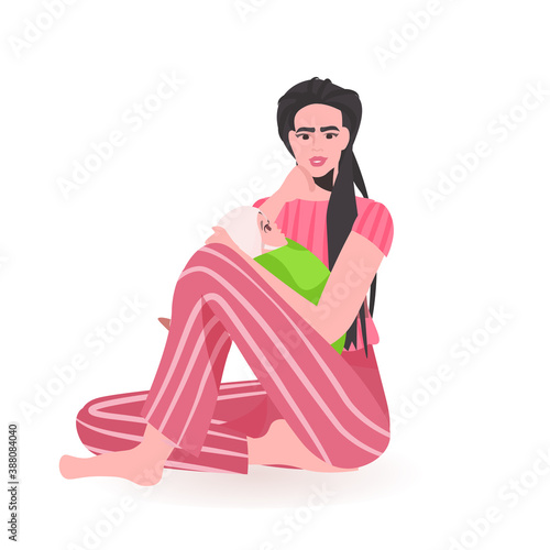 young mother playing with newborn baby happy family spending time together motherhood concept full length vector illustration photo