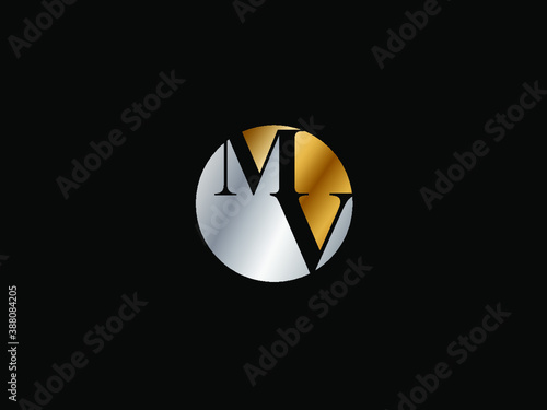 MV circle shape Initial logo letter design art logo, gold ,silver, color on black background
