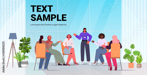 mix race women discussing during meeting female empowerment movement girl power union of feminists concept horizontal full length copy space vector illustration