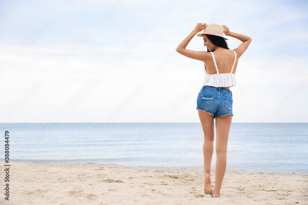 Beautiful young woman on beach, back view. Space for text Beautiful young woman on beach, back view. Space for text