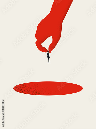 Business redundancy, furlough, layoffs or dismissal vector concept. Hand dropping businessman into hole.