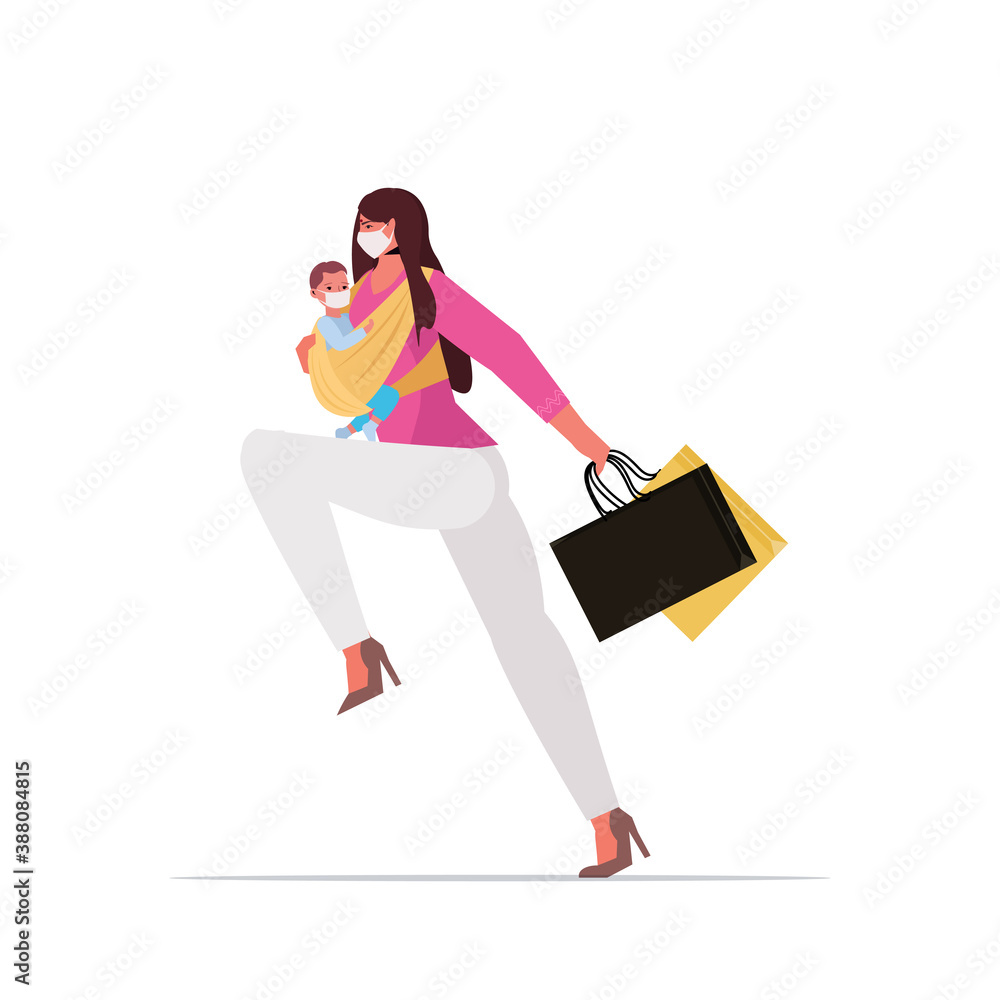 woman with child in protective mask running with shopping bags black friday big sale coronavirus quarantine concept full length isolated vector illustration woman with child in protective mask running with shopping bags black friday big sale coronavirus quarantine concept full length isolated vector illustration