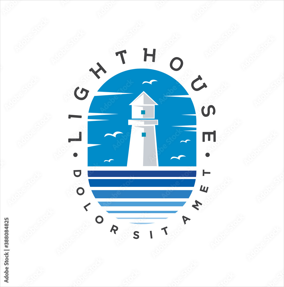 Lighthouse logo icon Design Vector Illustration. Beacon logo design template. Light houses and ocean waves. Coastal beach logo design template.