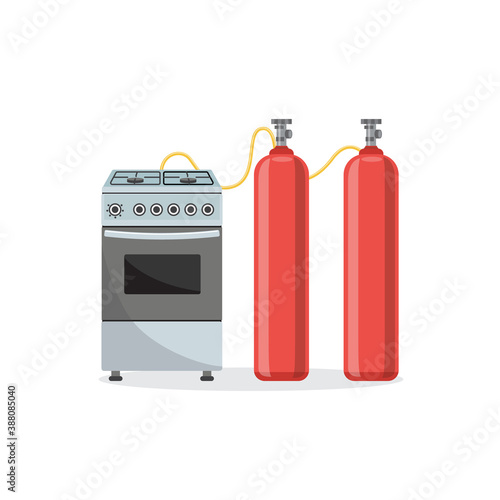Gas oven connected with gas cylinders, flat cartoon vector illustration isolated