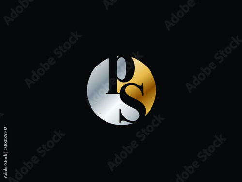 PS circle shape Initial logo letter design art logo, gold ,silver, color on black background
