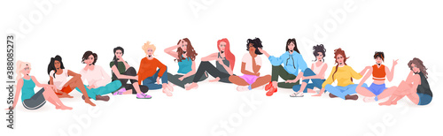 set mix race pregnant women sitting together pregnancy motherhood concept full length horizontal vector illustration