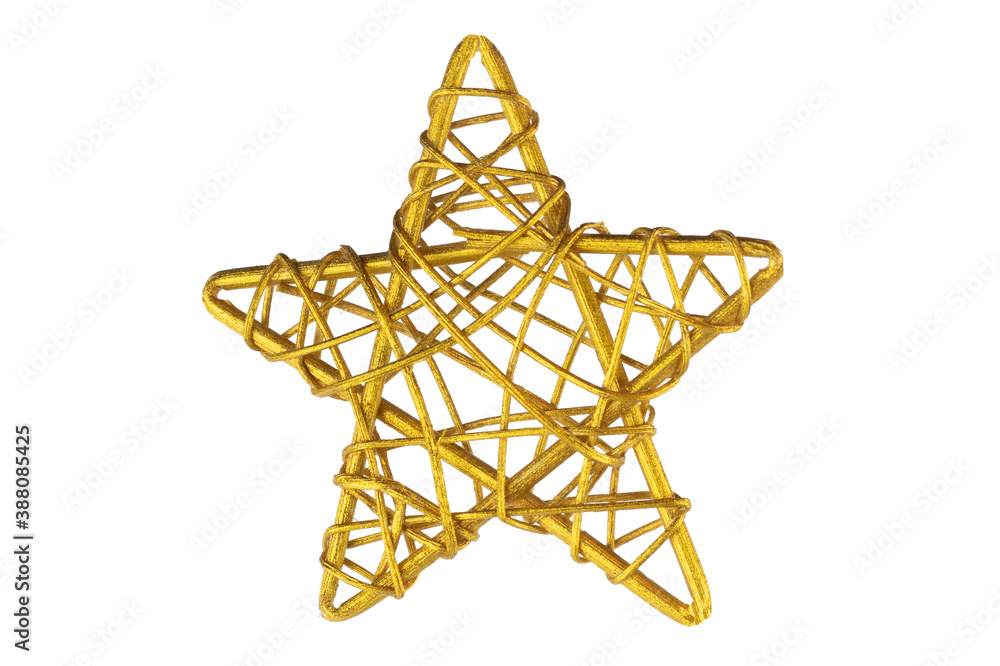Decorative star of rattan painted in gold, isolate on white Decorative star of rattan painted in gold, isolate on white