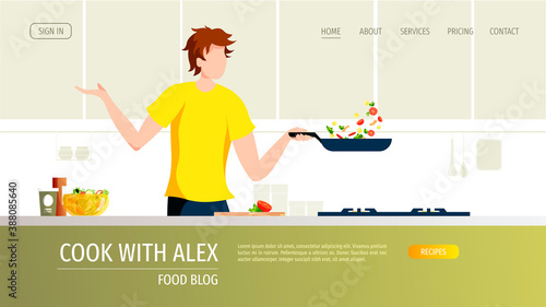 Man preparing food in the kitchen. Pan with ingredients, bowl with salad. Food blog, cooking, recipe, dinner, homemade food concept. Vector illustration for website, poster, banner.
