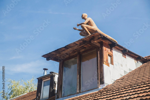 wooden monster with a tail sits on a rooftop in Slovenia photo