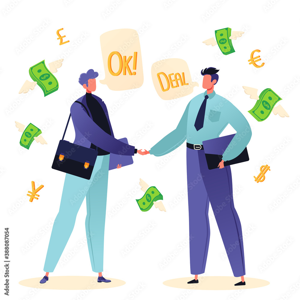 Two businessmen or colleagues shake hands. Male characters in flat cartoon style have agreed on successful mutually beneficial deal, contract that will bring cash infusion to their business.