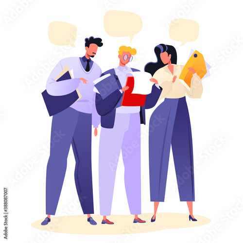 Vector illustration teamwork, office with people concept. Colleagues discuss details of contract before signing, interview, approval, meeting. Young office workers man and woman in flat cartoon style.