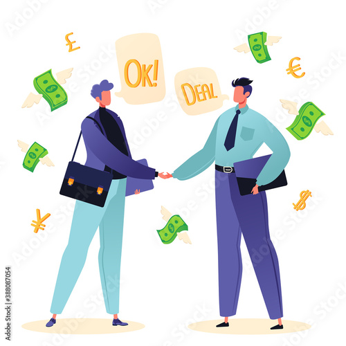Two businessmen or colleagues shake hands. Male characters in flat cartoon style have agreed on successful mutually beneficial deal, contract that will bring cash infusion to their business.