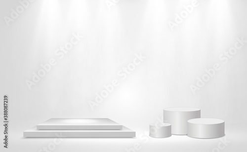 White podium or platform with spotlights. A pedestal for rewarding the winners.  