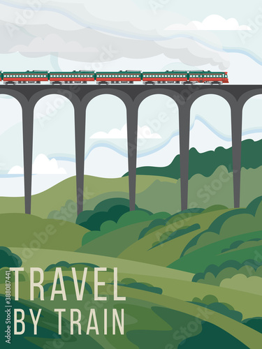 Poster or banner inviting travel by passenger train flat vector illustration.
