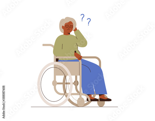 Mature woman sitting in a wheelchair and has memory problems. Black senior disabled female forgot something. Concept of memory loss and Alzheimer's disease. Vector illustration