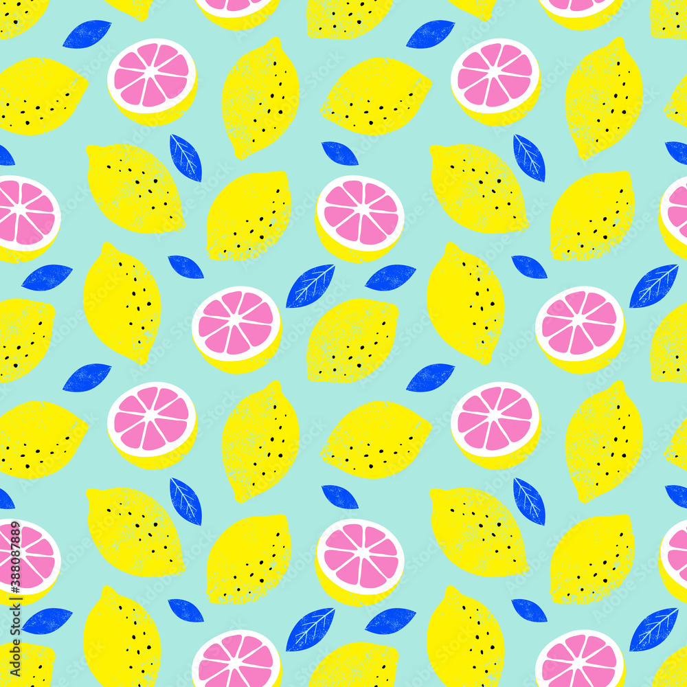 Lemon colorful seamless pattern. Trendy summer background. Vector bright print for fabric or wallpaper.