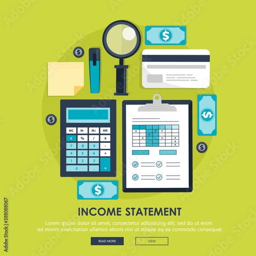 Invoice. Financial calculations. Working process. Calculator, financial reports, money, coins, pen. Top view. Vector illustration in flat design