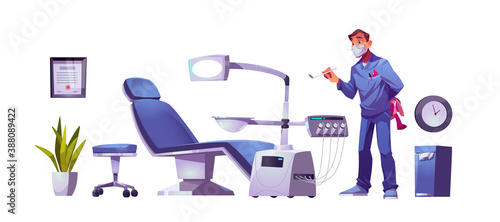Kids dentist doctor in dental clinic stomatology cabinet, orthodontist with mirror and toy at workplace with modern chair equipped with integrated engine and surgical light cartoon vector illustration