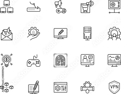 technology vector icon set such as: geometric, workman, report, engineering, light, forum, pen, lamp, training, human, hacker, graph, identity, pencil, cracker, leadership, shopping, damage, social