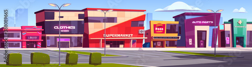 Shops and commercial buildings exterior on city street. Vector cartoon summer town with cafe, library, pharmacy and supermarket facade. Modern architecture of auto parts store and boutique