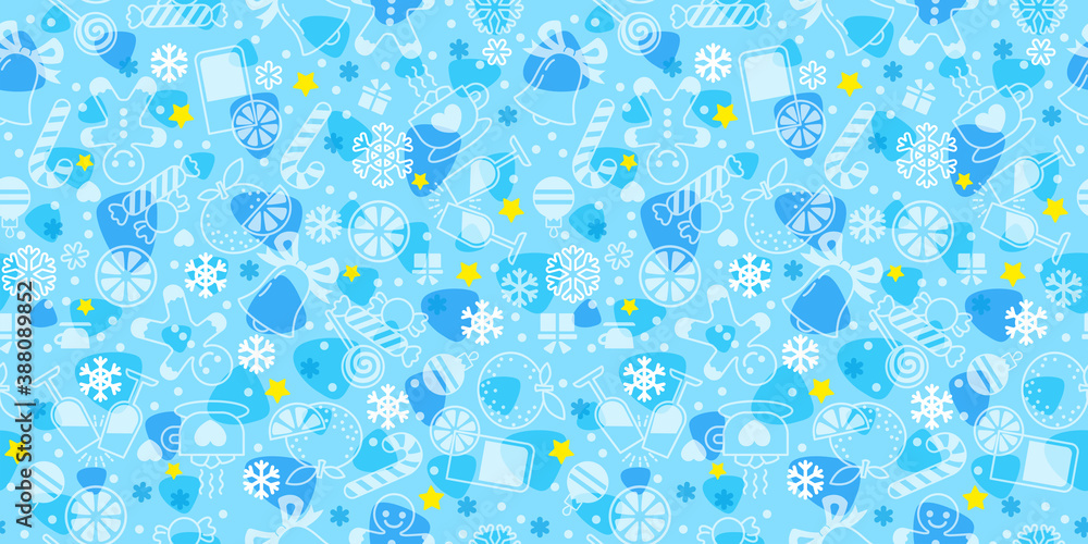 Vector seamless pattern for Christmas and New Year template with simple linear symbols on blue background